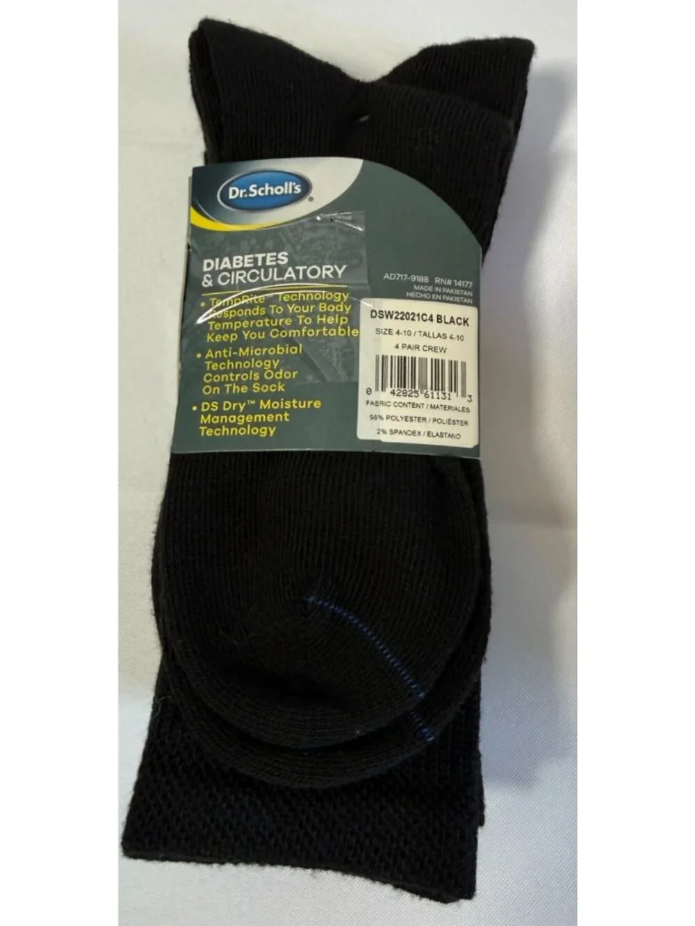 NWT‎ Dr. Scholls Womens Socks 4 Pack Crew Diabetes Circulatory Non Binding Black